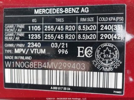 W1N0G8EB4MV299403 2021 MERCEDES-BENZ