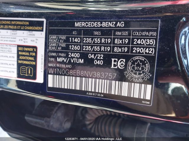 W1N0G8EB8NV383757 2022 MERCEDES-BENZ