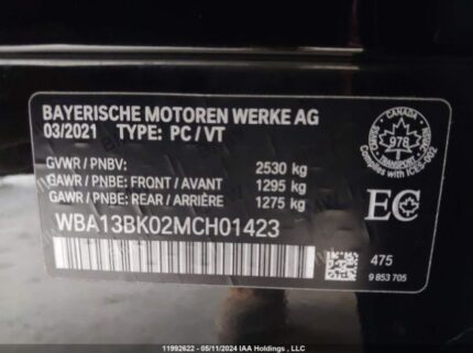 WBA13BK02MCH01423 2021 BMW