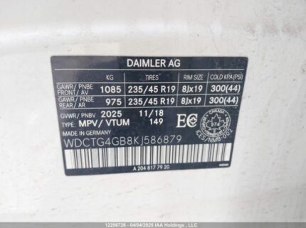 WDCTG4GB8KJ586879 2019 MERCEDES-BENZ