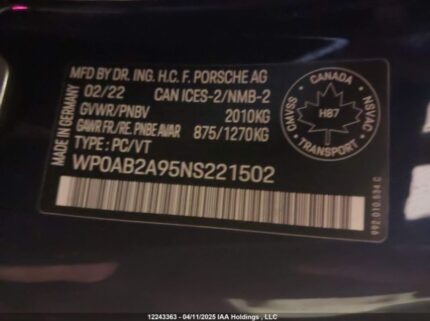 WP0AB2A95NS221502 2022 PORSCHE