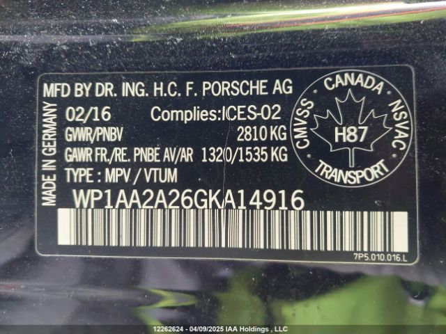 WP1AA2A26GKA14916 2016 PORSCHE