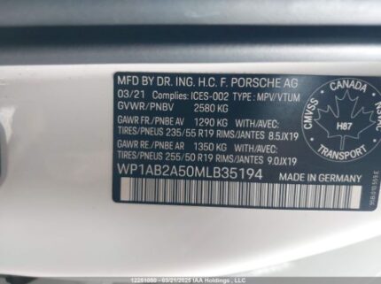 WP1AB2A50MLB35194 2021 PORSCHE