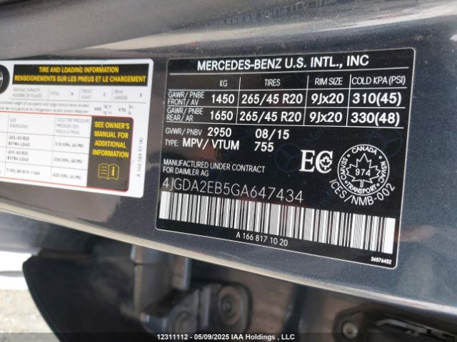 4JGDA2EB5GA647434 2016 MERCEDES-BENZ