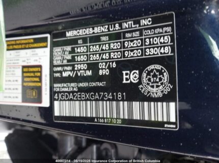 4JGDA2EBXGA734181 2016 MERCEDES-BENZ