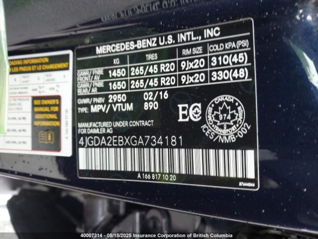 4JGDA2EBXGA734181 2016 MERCEDES-BENZ