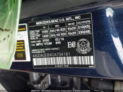 4JGDA2EBXGA734181 2016 MERCEDES-BENZ