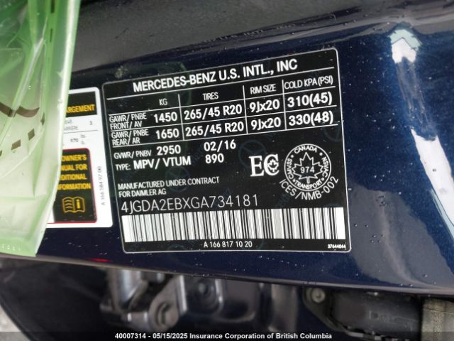 4JGDA2EBXGA734181 2016 MERCEDES-BENZ