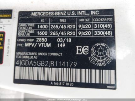 4JGDA5GB2JB114179 2018 MERCEDES-BENZ
