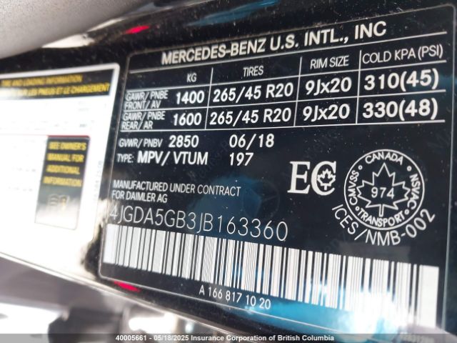 4JGDA5GB3JB163360 2018 MERCEDES-BENZ