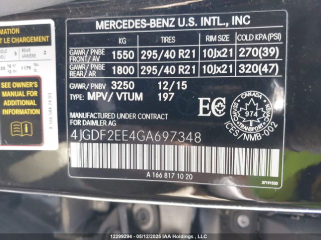 4JGDF2EE4GA697348 2016 MERCEDES-BENZ