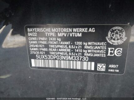 5UX53DP03N9M33730 2022 BMW