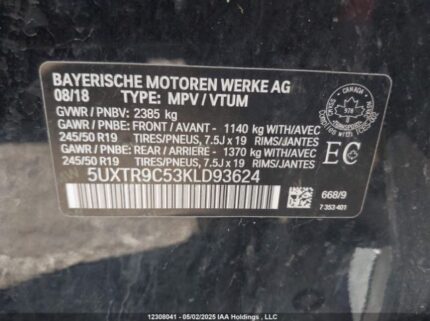 5UXTR9C53KLD93624 2019 BMW