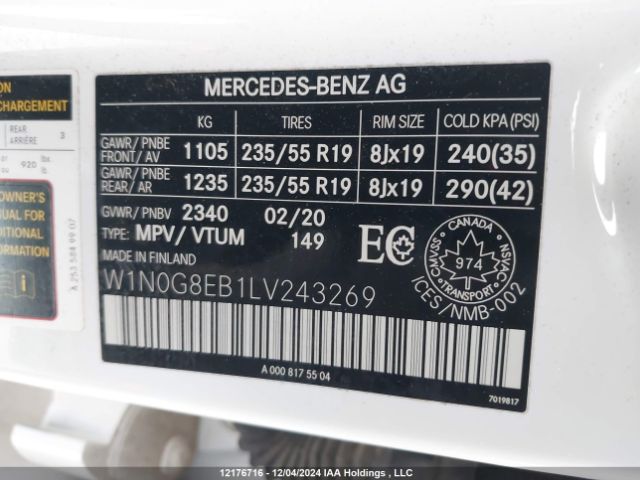 W1N0G8EB1LV243269 2020 MERCEDES-BENZ