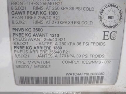 WA1C4AFY8L2028250 2020 AUDI