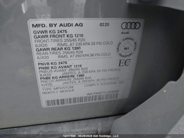 WA1FNAFY1L2078059 2020 AUDI