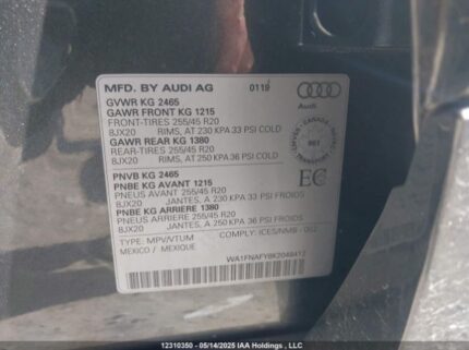 WA1FNAFY8K2048412 2019 AUDI