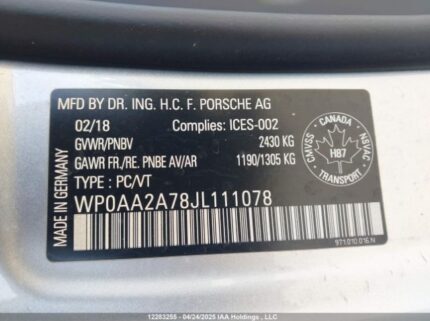 WP0AA2A78JL111078 2018 PORSCHE