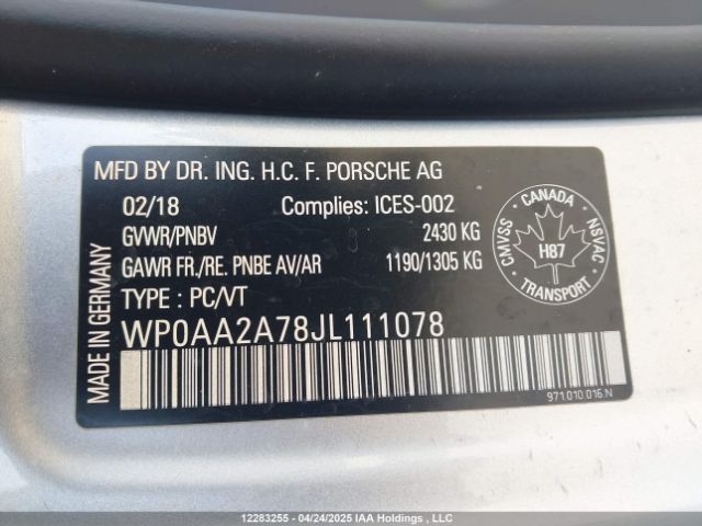 WP0AA2A78JL111078 2018 PORSCHE