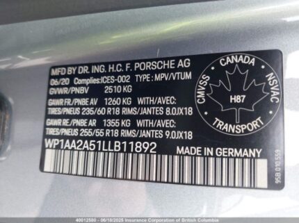 WP1AA2A51LLB11892 2020 PORSCHE