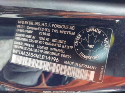 WP1AA2A54MLB14996 2021 PORSCHE
