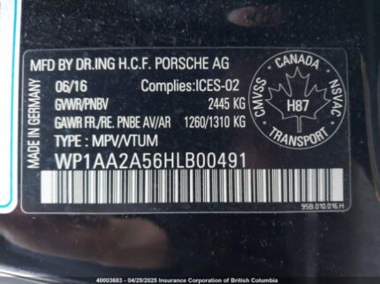 WP1AA2A56HLB00491 2017 PORSCHE