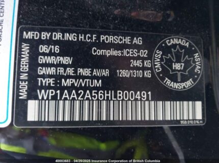 WP1AA2A56HLB00491 2017 PORSCHE