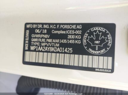 WP1AA2AY8KDA01425 2019 PORSCHE