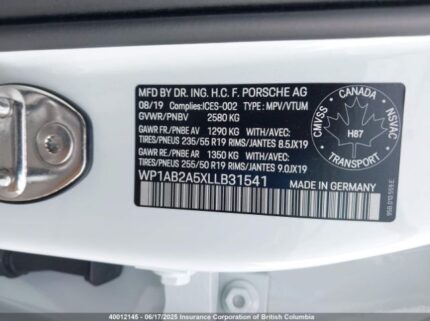 WP1AB2A5XLLB31541 2020 PORSCHE