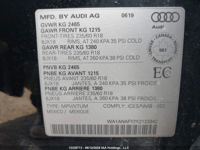 WA1ANAFY2K2123342 2019 AUDI