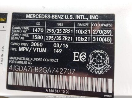 4JGDA7FB2GA742707 2016 MERCEDES-BENZ