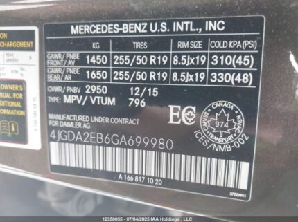 4JGDA2EB6GA699980 2016 MERCEDES-BENZ