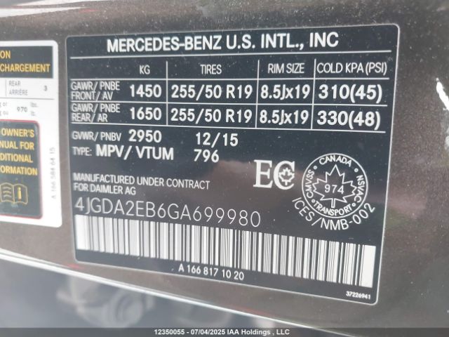 4JGDA2EB6GA699980 2016 MERCEDES-BENZ