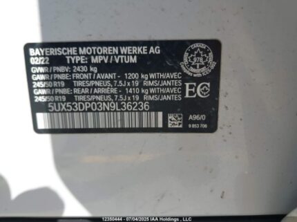 5UX53DP03N9L36236 2022 BMW