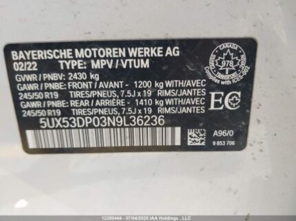 5UX53DP03N9L36236 2022 BMW