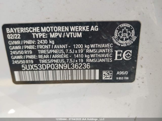 5UX53DP03N9L36236 2022 BMW