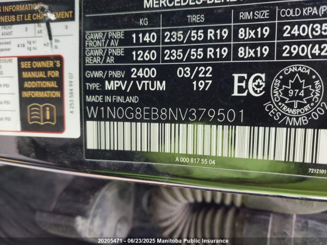 W1N0G8EB8NV379501 2022 MERCEDES BENZ