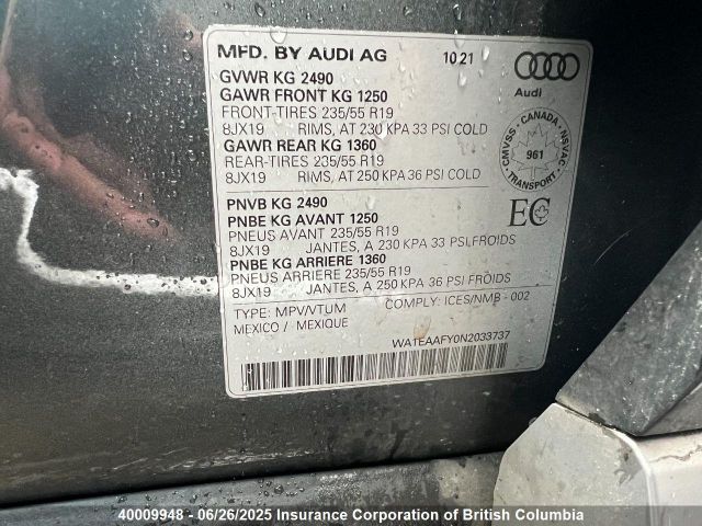 WA1EAAFY0N2033737 2022 AUDI