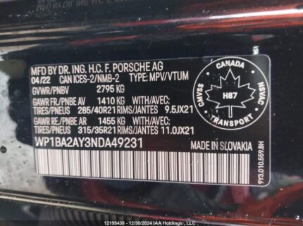 WP1BA2AY3NDA49231 2022 PORSCHE
