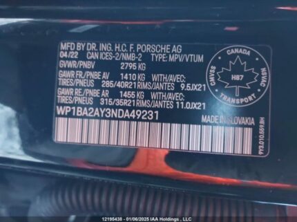 WP1BA2AY3NDA49231 2022 PORSCHE