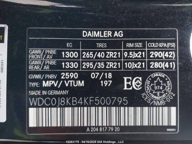 WDC0J8KB4KF500795 2019 MERCEDES-BENZ