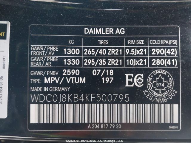 WDC0J8KB4KF500795 2019 MERCEDES-BENZ