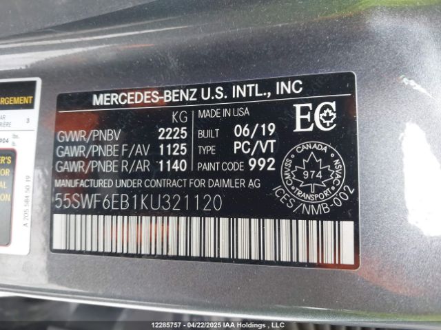 2019 MERCEDES-BENZ C 43 AMG | VIN: 55SWF6EB1KU321120