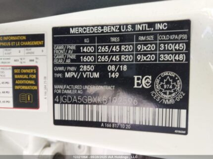 4JGDA5GBXKB192596 2019 MERCEDES-BENZ