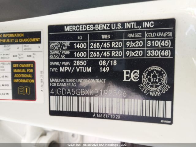 4JGDA5GBXKB192596 2019 MERCEDES-BENZ
