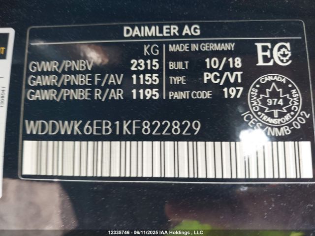 WDDWK6EB1KF822829 2019 MERCEDES-BENZ