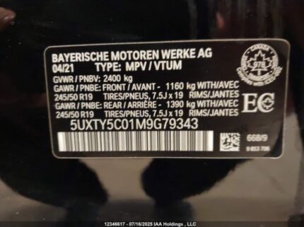 5UXTY5C01M9G79343 2021 BMW