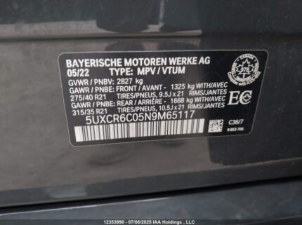 2022 BMW X5 XDRIVE40I | VIN: 5UXCR6C05N9M65117