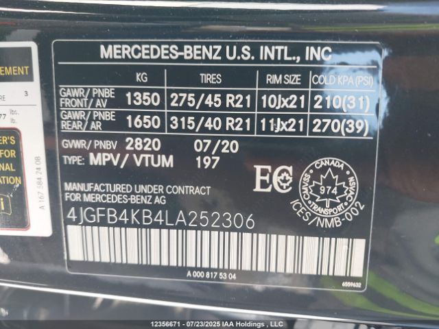 4JGFB4KB4LA252306 2020 MERCEDES-BENZ