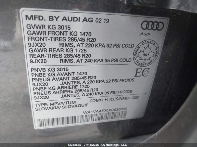 WA1VAAF70KD036032 2019 AUDI